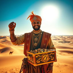 A wealthy desert treasure hunter standing in an expansive, sun-baked desert landscape