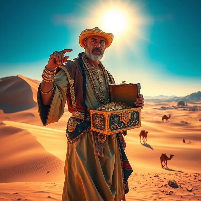 A wealthy desert treasure hunter standing in an expansive, sun-baked desert landscape