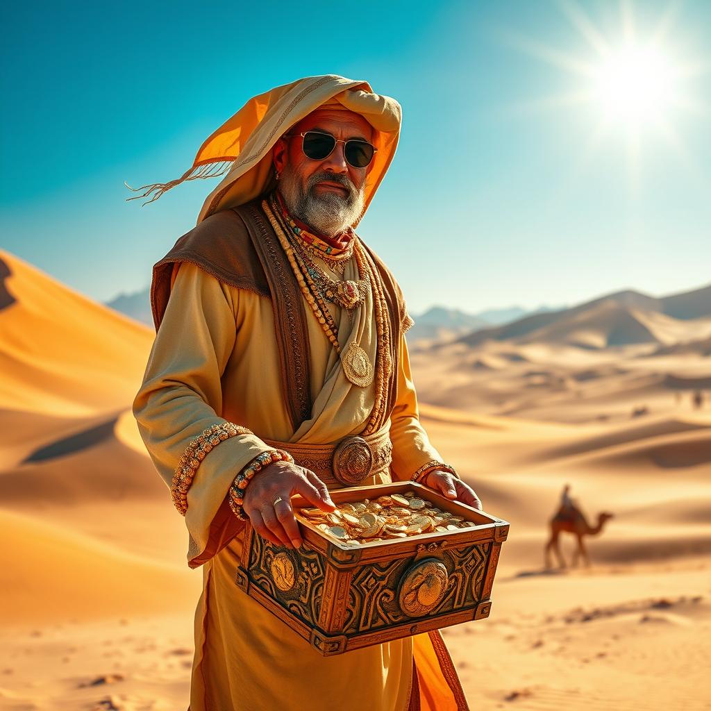 A wealthy desert treasure hunter standing in an expansive, sun-baked desert landscape