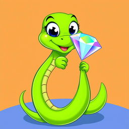 A vibrant green cartoon snake holding a sparkling diamond, illustrated in a playful vector style
