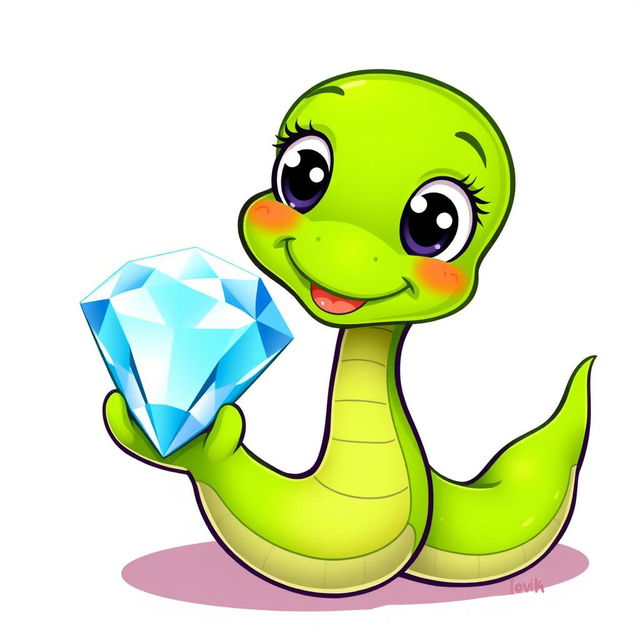 A vibrant green cartoon snake holding a sparkling diamond, illustrated in a playful vector style