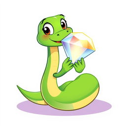 A vibrant green cartoon snake holding a sparkling diamond, illustrated in a playful vector style