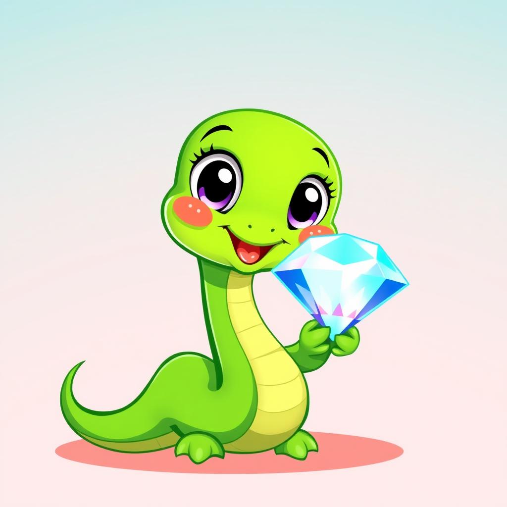 A vibrant green cartoon snake holding a sparkling diamond, illustrated in a playful vector style