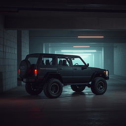 A dramatic cyberpunk scene featuring a four-seated, high suspension vintage 1980s SUV