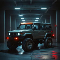 A dramatic cyberpunk scene featuring a four-seated, high suspension vintage 1980s SUV