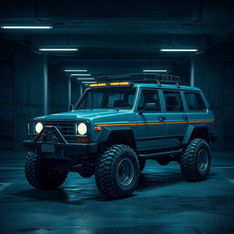 A dramatic cyberpunk scene featuring a four-seated, high suspension vintage 1980s SUV