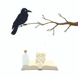 An animated scene depicting a tree branch entering from the right side of the frame with an old crow perched on it