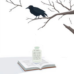 An animated scene depicting a tree branch entering from the right side of the frame with an old crow perched on it