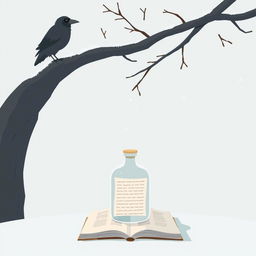 An animated scene depicting a tree branch entering from the right side of the frame with an old crow perched on it