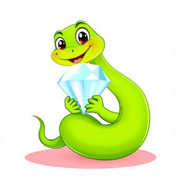 A vibrant green cartoon snake holding a sparkling diamond, illustrated in a playful vector style