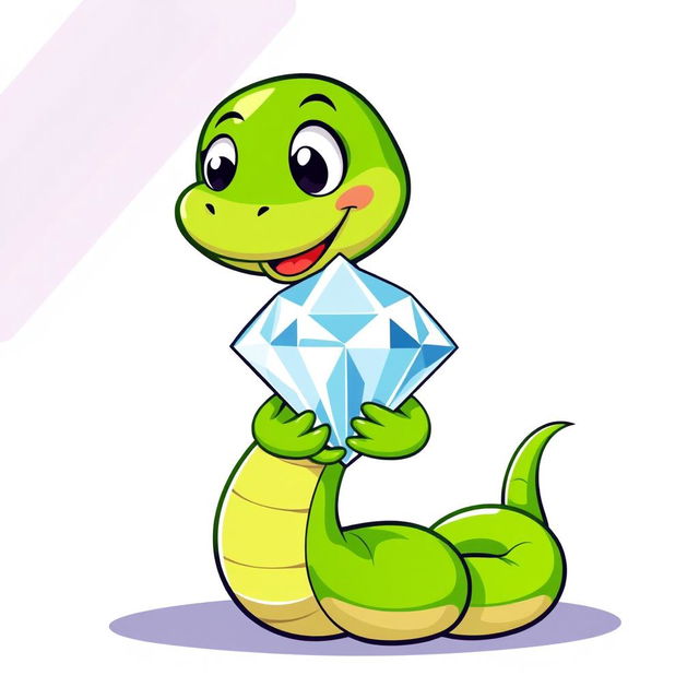 A vibrant green cartoon snake holding a sparkling diamond, illustrated in a playful vector style