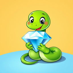 A vibrant green cartoon snake holding a sparkling diamond, illustrated in a playful vector style