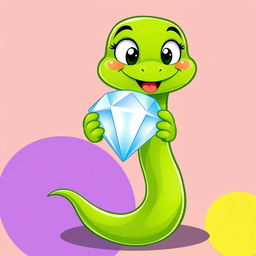 A vibrant green cartoon snake holding a sparkling diamond, illustrated in a playful vector style