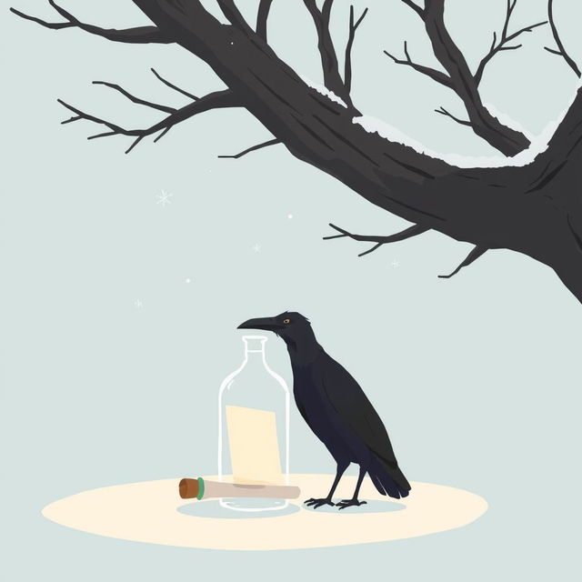 An animated scene depicting a tree branch entering from the right side of the frame where an old crow is perched