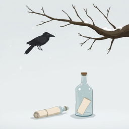 An animated scene depicting a tree branch entering from the right side of the frame where an old crow is perched