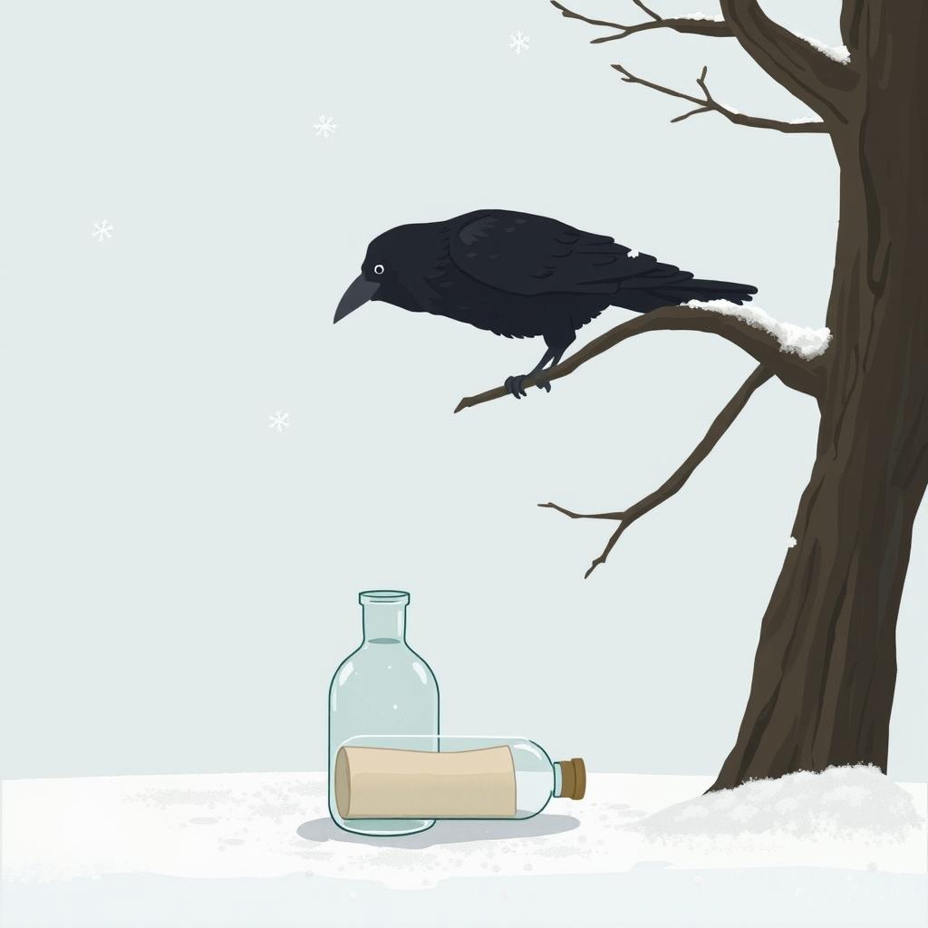 An animated scene depicting a tree branch entering from the right side of the frame where an old crow is perched