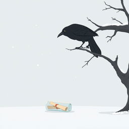 An animated scene depicting a tree branch entering from the right side of the frame where an old crow is perched
