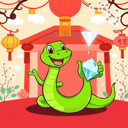 A vibrant green cartoon snake joyfully holding a sparkling diamond, set against a festive Chinese New Year background featuring traditional elements such as lanterns, paper cuttings, and cherry blossoms