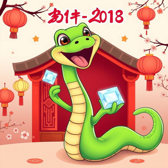 A vibrant green cartoon snake joyfully holding a sparkling diamond, set against a festive Chinese New Year background featuring traditional elements such as lanterns, paper cuttings, and cherry blossoms