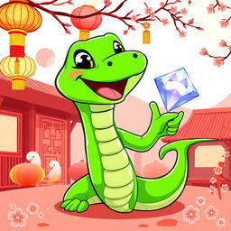 A vibrant green cartoon snake joyfully holding a sparkling diamond, set against a festive Chinese New Year background featuring traditional elements such as lanterns, paper cuttings, and cherry blossoms