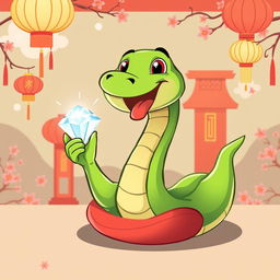 A vibrant green cartoon snake joyfully holding a sparkling diamond, set against a festive Chinese New Year background featuring traditional elements such as lanterns, paper cuttings, and cherry blossoms