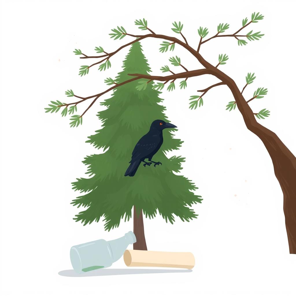 An animated scene featuring a simple evergreen tree with minimal green details in the background