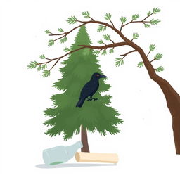 An animated scene featuring a simple evergreen tree with minimal green details in the background