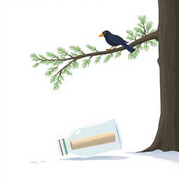 An animated scene featuring a simple evergreen tree with minimal green details in the background