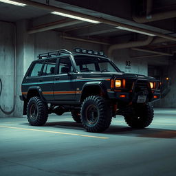 A vivid cyberpunk scene featuring a four-seated, high suspension vintage 1980s SUV positioned in an underground parking garage