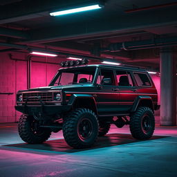 A vivid cyberpunk scene featuring a four-seated, high suspension vintage 1980s SUV positioned in an underground parking garage