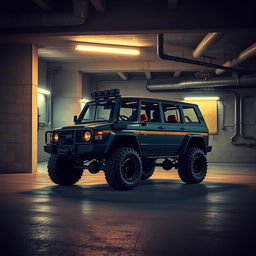 A vivid cyberpunk scene featuring a four-seated, high suspension vintage 1980s SUV positioned in an underground parking garage