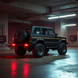 A vivid cyberpunk scene featuring a four-seated, high suspension vintage 1980s SUV positioned in an underground parking garage