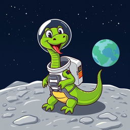 A green cartoon snake wearing a shiny astronaut suit, standing on the moon's surface