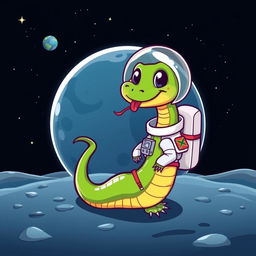 A green cartoon snake wearing a shiny astronaut suit, standing on the moon's surface