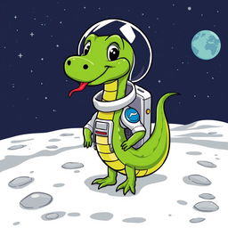 A green cartoon snake wearing a shiny astronaut suit, standing on the moon's surface