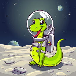 A green cartoon snake wearing a shiny astronaut suit, standing on the moon's surface