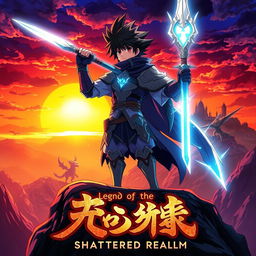 A vibrant and captivating anime movie poster featuring a heroic protagonist standing on a cliff with a dramatic sunset in the background