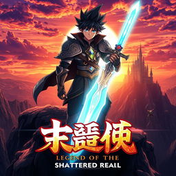 A vibrant and captivating anime movie poster featuring a heroic protagonist standing on a cliff with a dramatic sunset in the background