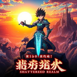 A vibrant and captivating anime movie poster featuring a heroic protagonist standing on a cliff with a dramatic sunset in the background