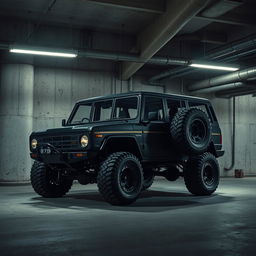 An intriguing cyberpunk scene showcasing a four-seated, high suspension vintage 1980s SUV parked in an underground parking garage