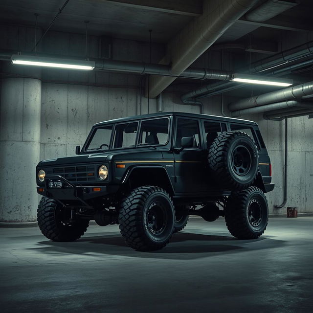 An intriguing cyberpunk scene showcasing a four-seated, high suspension vintage 1980s SUV parked in an underground parking garage