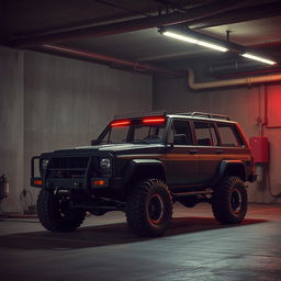 An intriguing cyberpunk scene showcasing a four-seated, high suspension vintage 1980s SUV parked in an underground parking garage