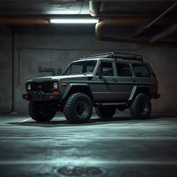 An intriguing cyberpunk scene showcasing a four-seated, high suspension vintage 1980s SUV parked in an underground parking garage