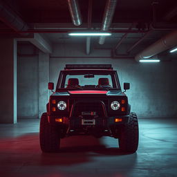 An intriguing cyberpunk scene showcasing a four-seated, high suspension vintage 1980s SUV parked in an underground parking garage