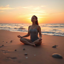 A tranquil and serene visual representation of a person meditating alone at sunrise, capturing an intimate connection with oneself