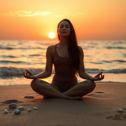 A tranquil and serene visual representation of a person meditating alone at sunrise, capturing an intimate connection with oneself