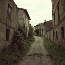 A narrow road positioned in the center of the scene, gently ascending with overgrown vegetation on the sides