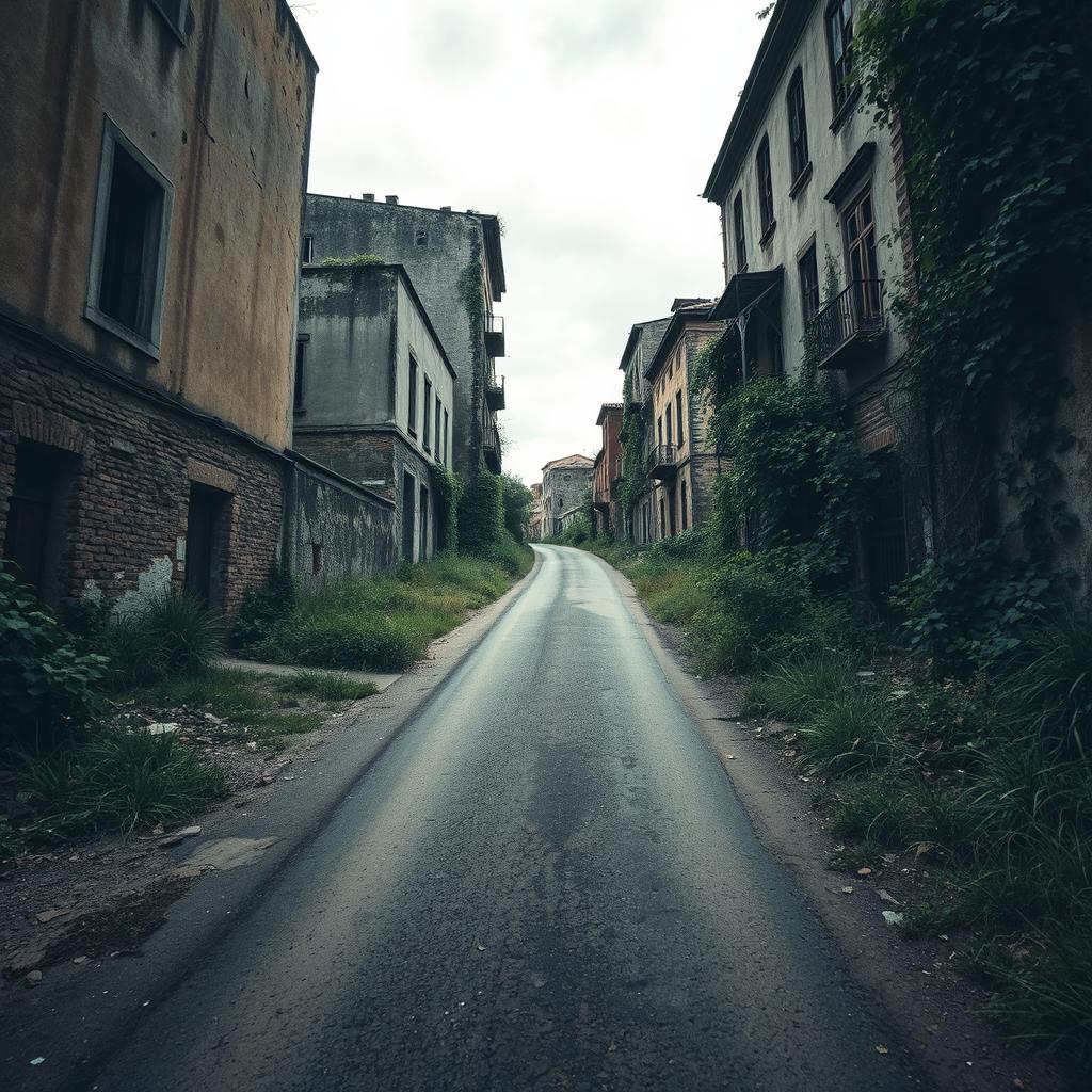 A narrow road positioned in the center of the scene, gently ascending with overgrown vegetation on the sides