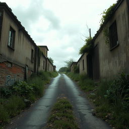 A narrow road positioned in the center of the scene, gently ascending with overgrown vegetation on the sides