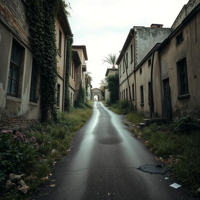 A narrow road positioned in the center of the scene, gently ascending with overgrown vegetation on the sides